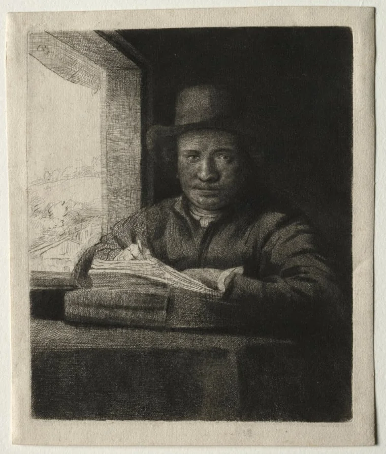 Self-Portrait Drawing at a Window, by Rembrandt, 1648