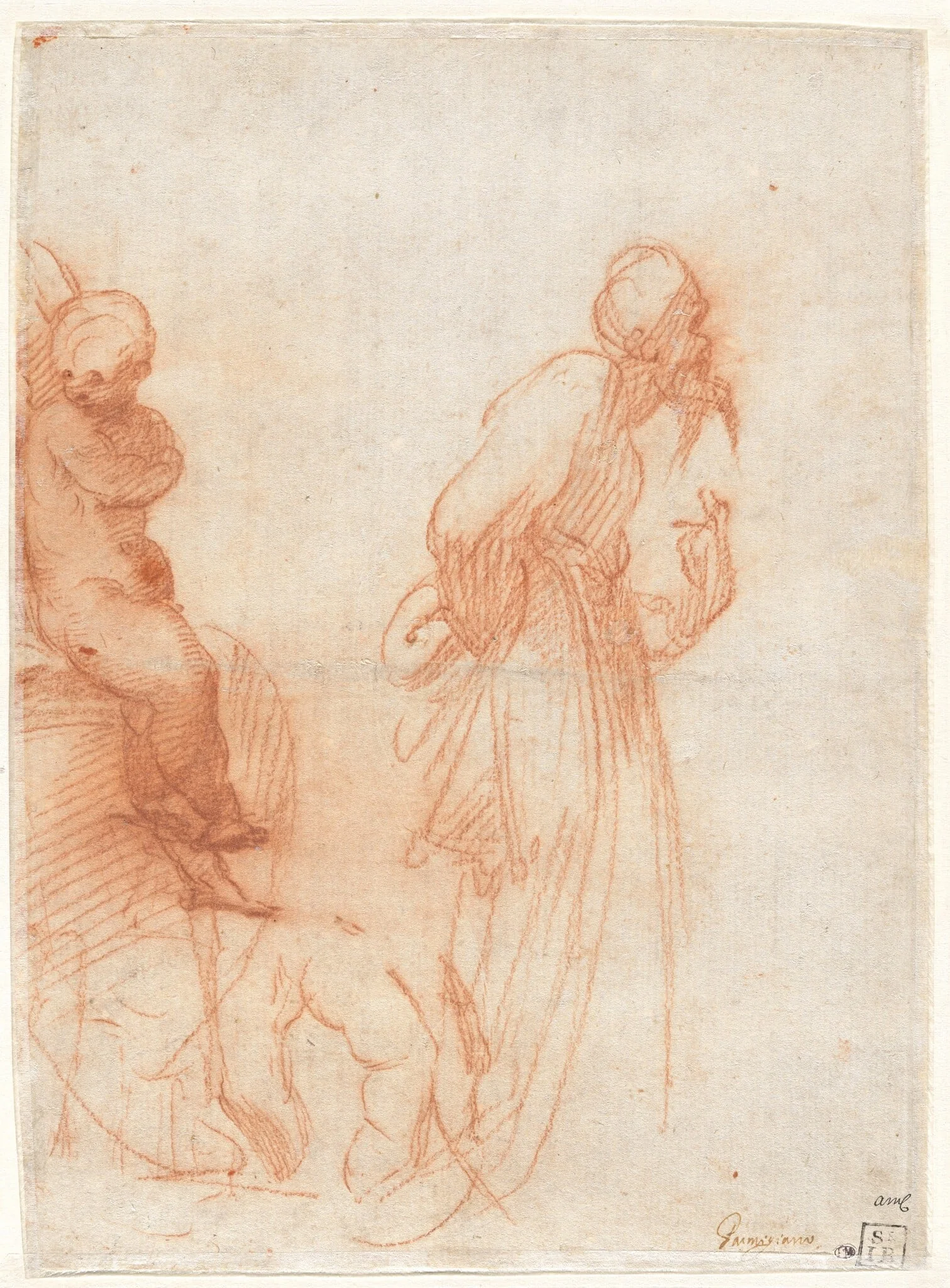 a) Studies of Figures and a Hand (recto); b) Studies of a Bull (verso), by Giulio Campi, chalk, 1530