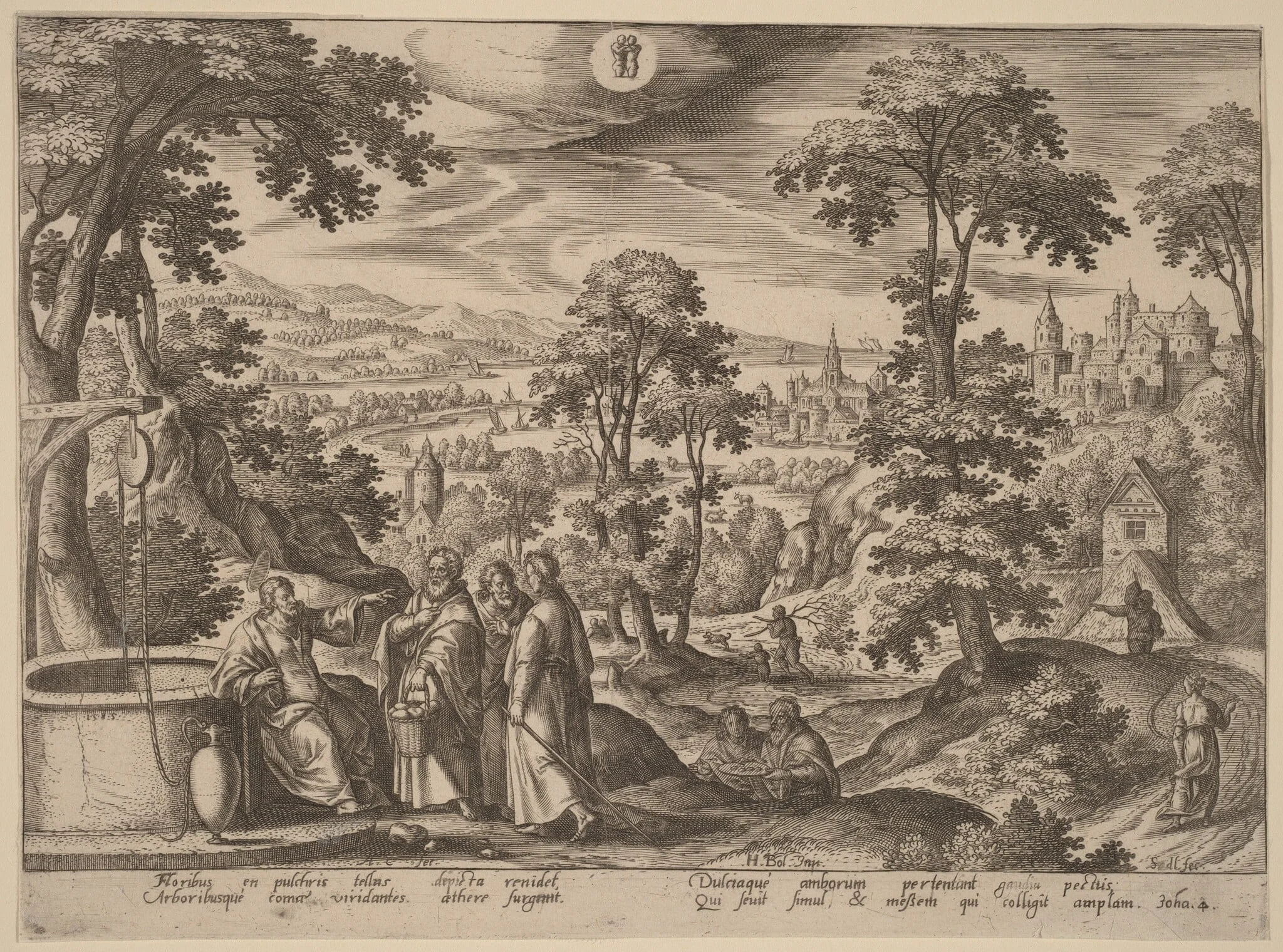 Christ and the Woman of Samaria, by Adriaen Collaert, ink, 1585