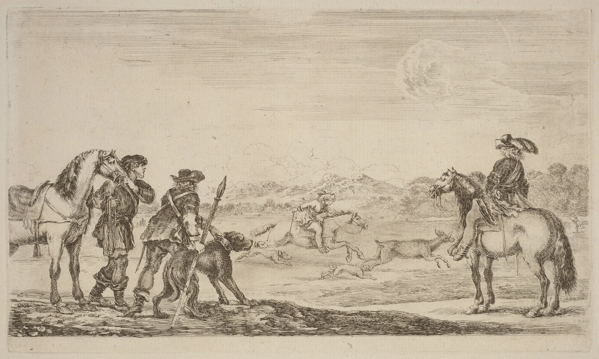 Small Deer Chased by a Cavalier, by Stefano Della Bella, ink, 1637