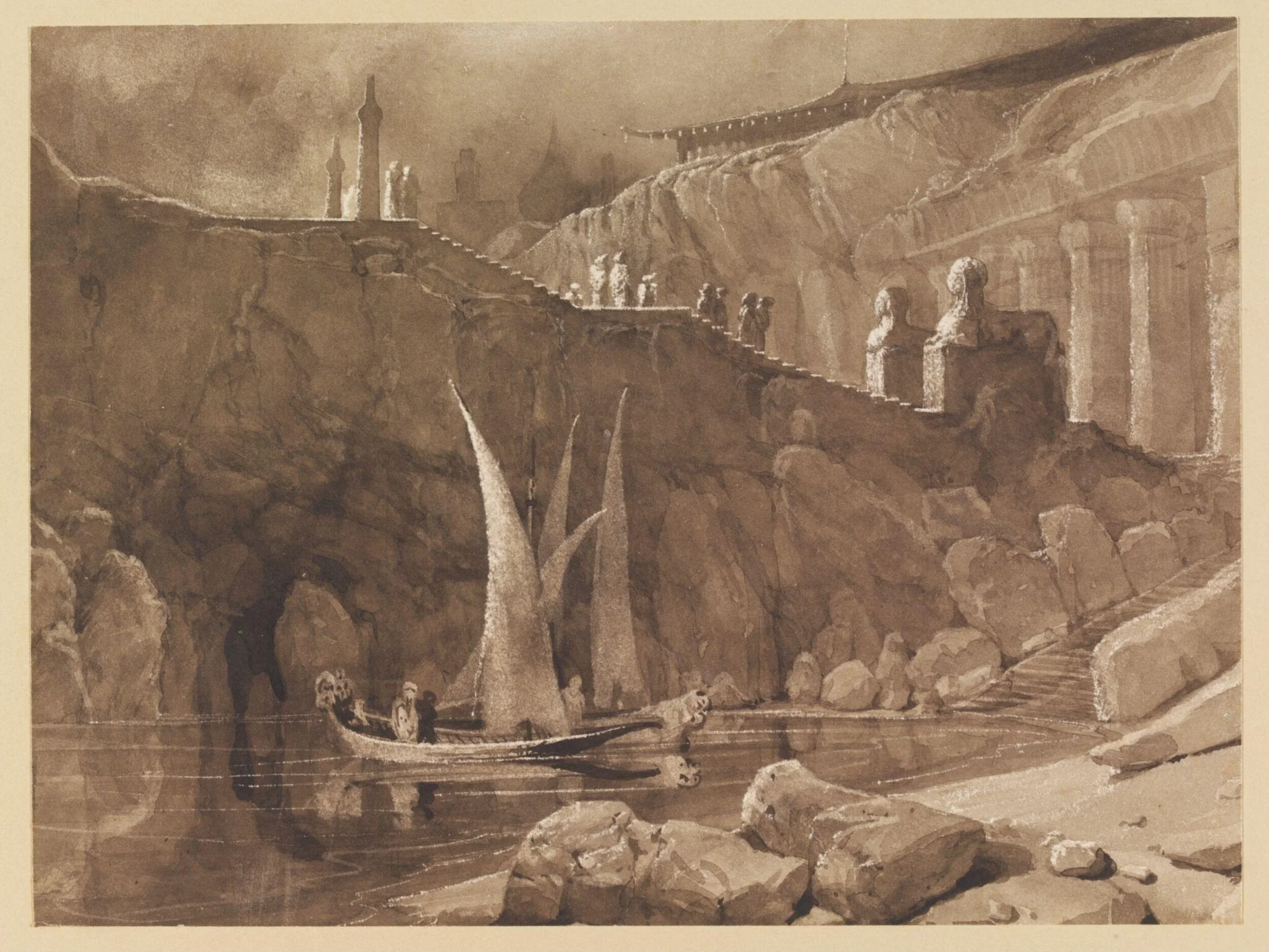 Oriental Capriccio, with water, boats and buildings, by William SBA West, watercolor, 1828