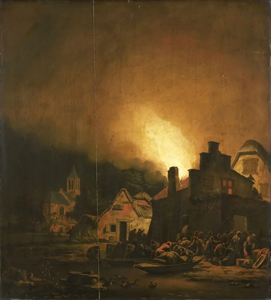 Nighttime fire in a village
