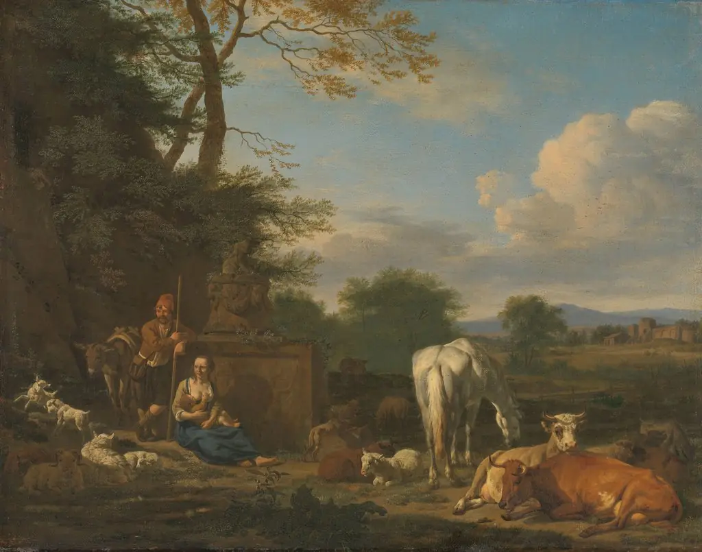 Arcadian landscape with resting herdsmen and cattle