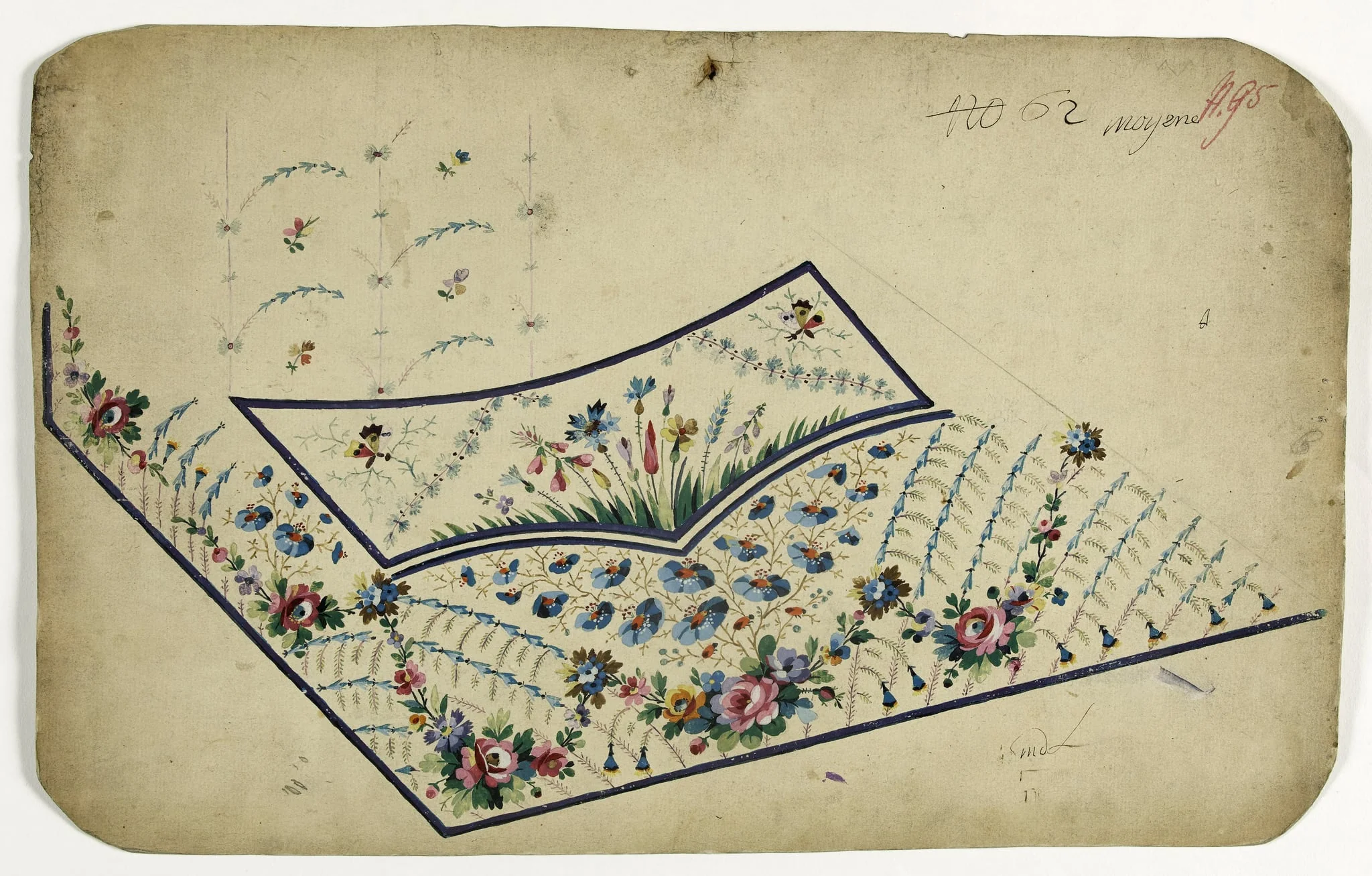 Gilet aux fleurs bleues et orange, projets de broderies de gilet, XVIIIème siècle, by Anonyme, 1750