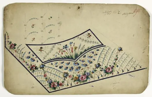 Gilet aux fleurs bleues et orange, projets de broderies de gilet, XVIIIème siècle