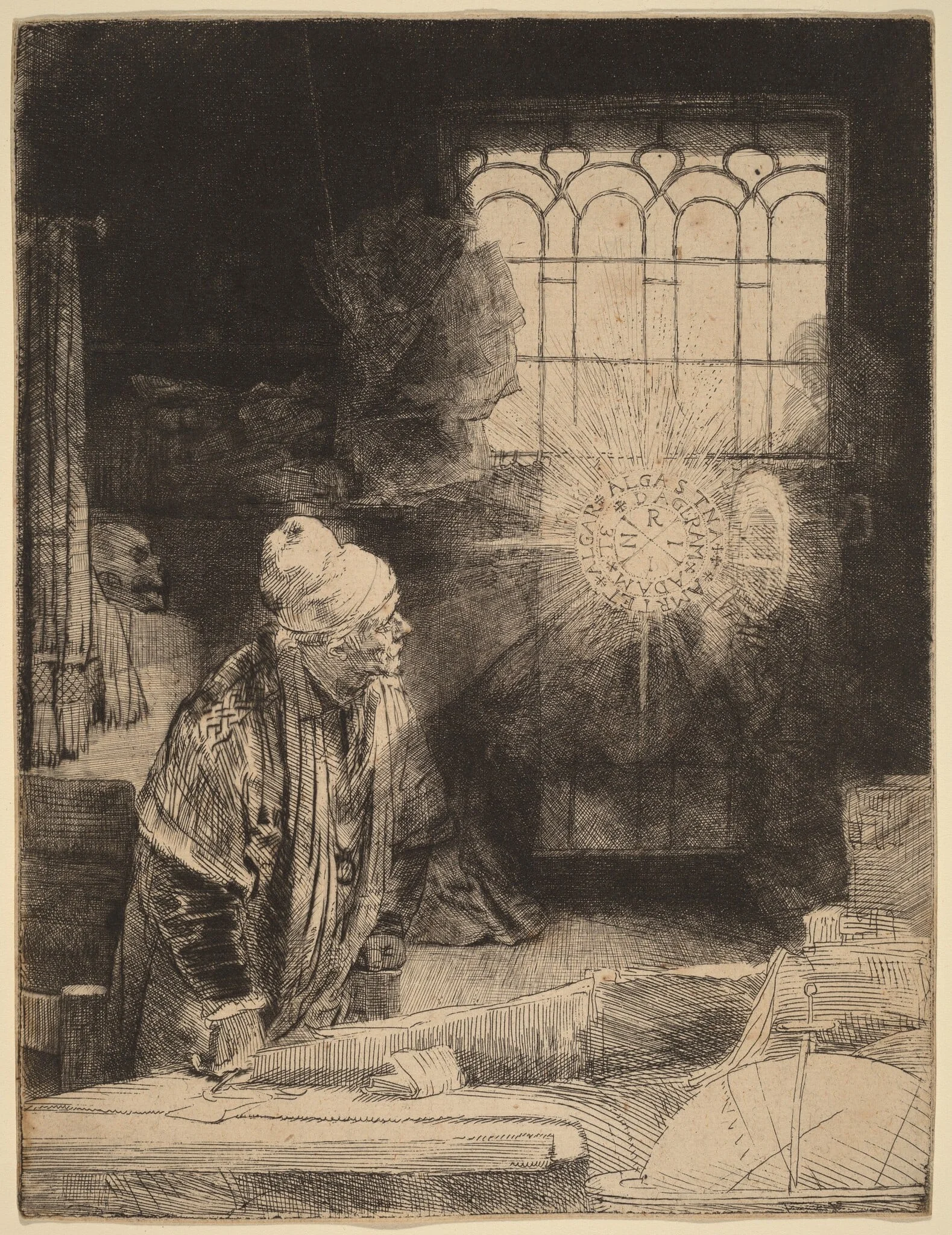 Faust, by Rembrandt, ink, 1652