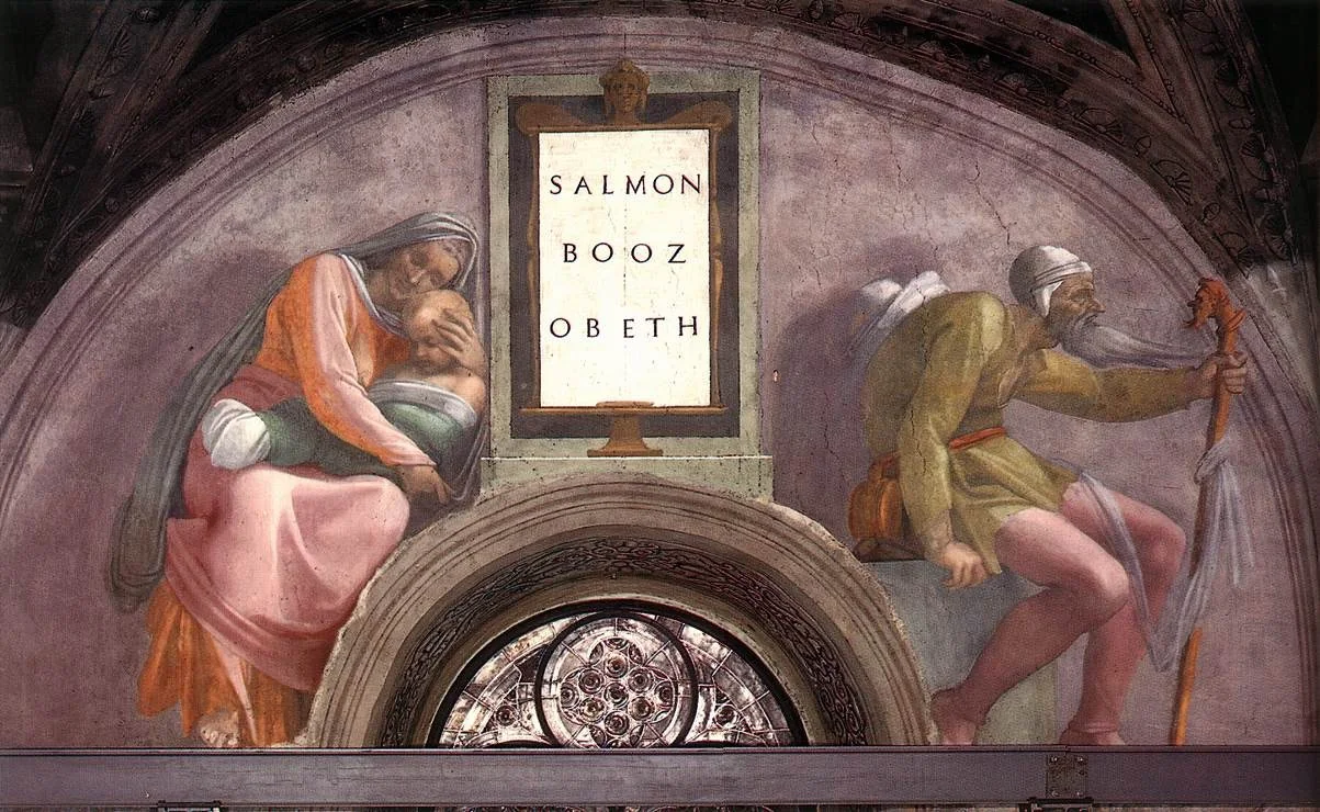 Salmon, Boaz, Obed, by Michelangelo, fresco, 1511