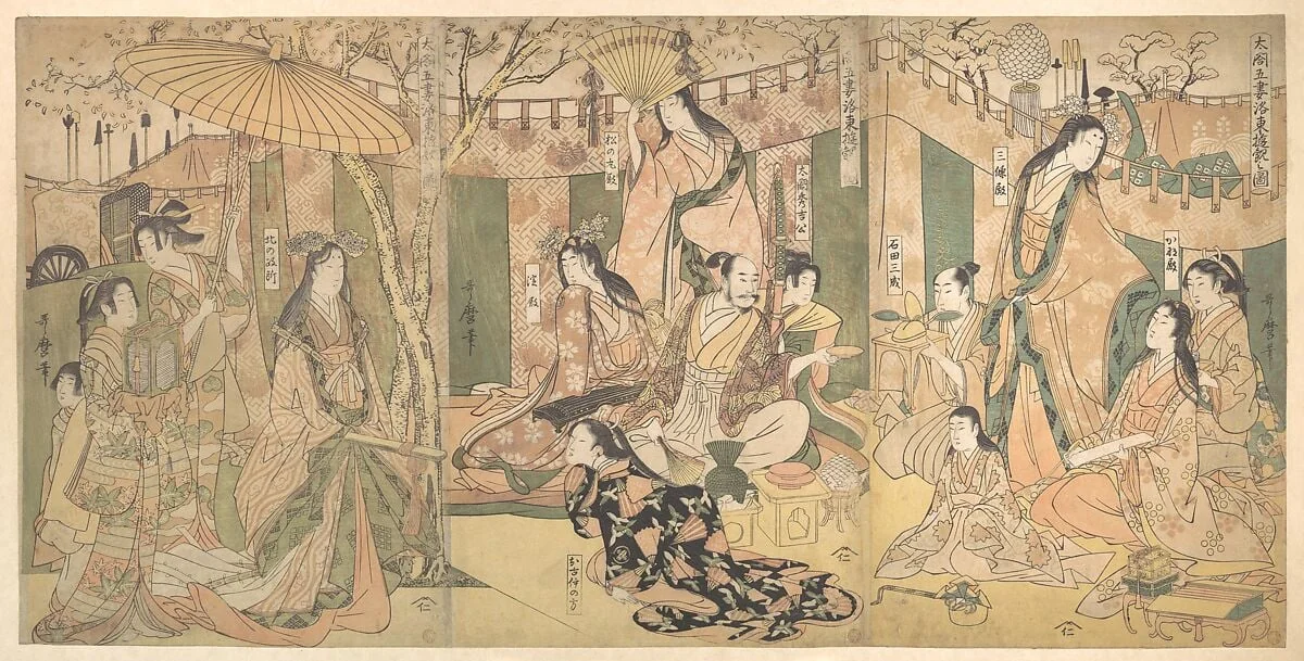 太閤五妻洛東遊観之図|A View of the Pleasures of the Taiko and His Five Wives at Rakutō, by Kitagawa Utamaro, ink, 1804