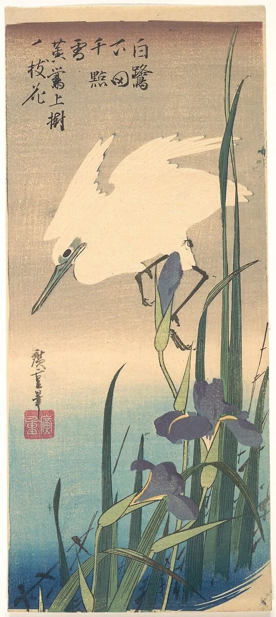 花菖蒲に白鷺|White Heron and Iris, by Utagawa Hiroshige, ink, 1829