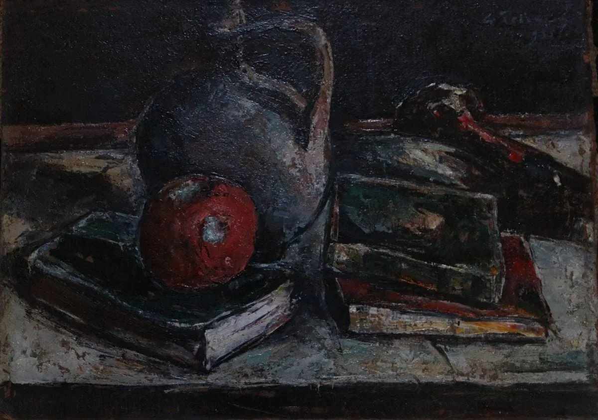Natură statică cu măr, pistol și cărți, by Gheorghe Petrașcu, 1920