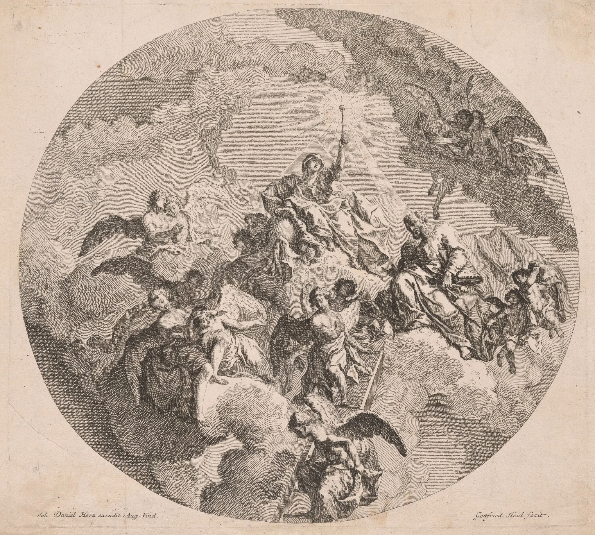 Virgin Enthroned in Glory with Saint Peter, by Johann Gottfried Haid, ink, 1750