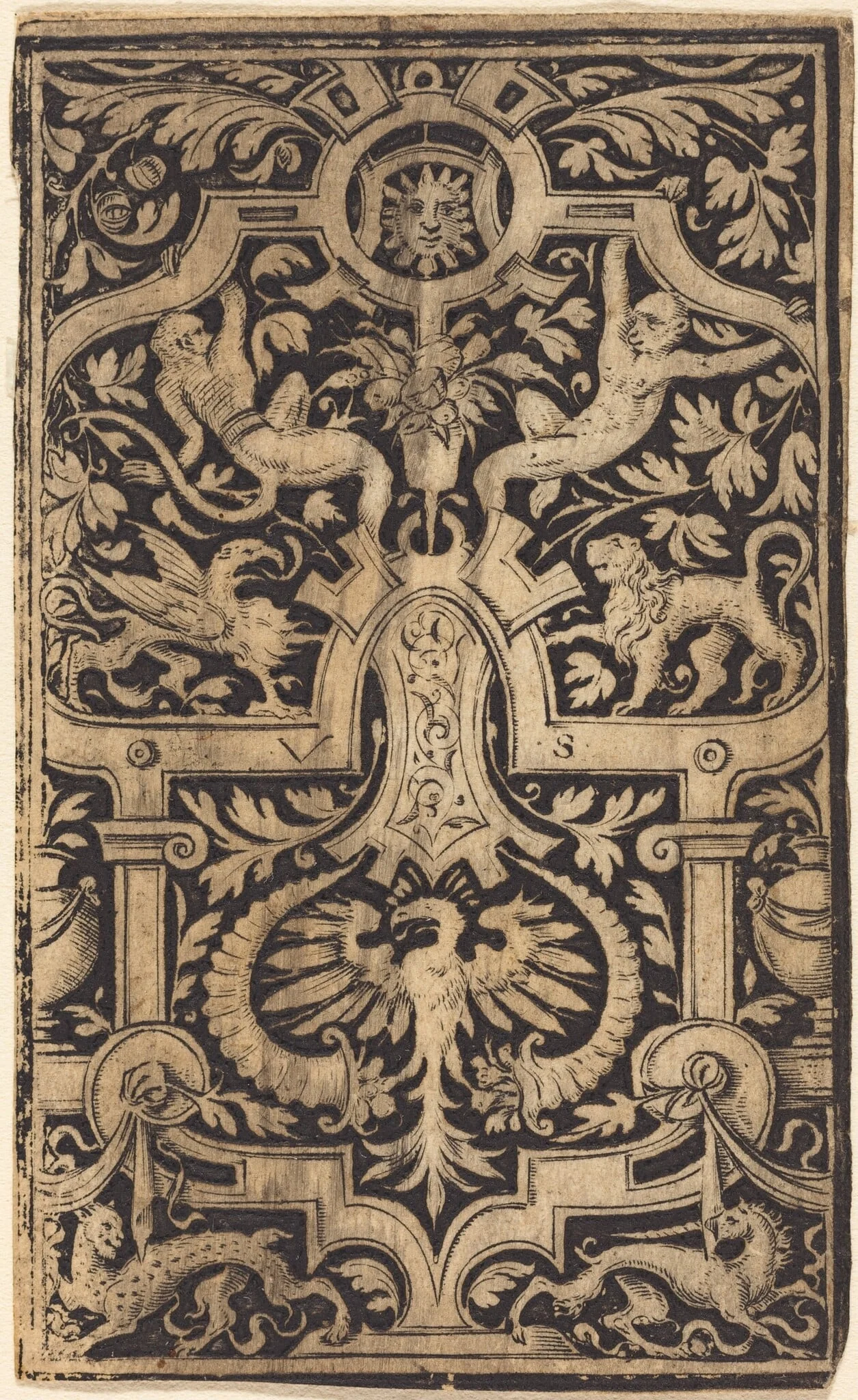Strapwork and Foliage Ornament on Dark Ground with Monkeys and other Animals, by Virgil Solis, ink, 1538