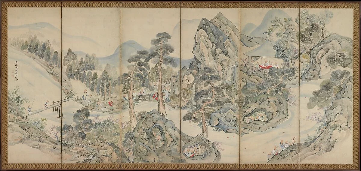 池大雅筆  蘭亭曲水図屏風  秋社図屏風|Orchid Pavilion Gathering; Autumn Harvest Festival, by Ike no Taiga, ink, 1763