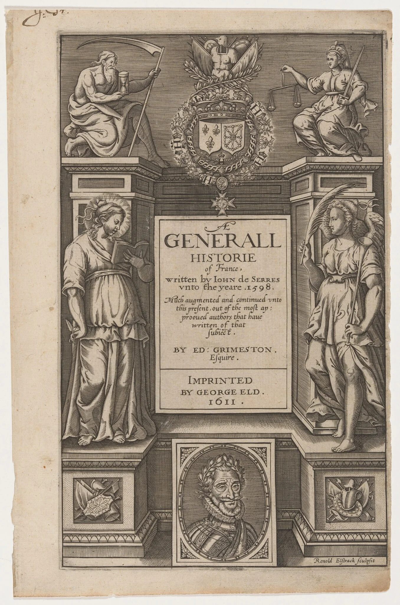 Title Page. Jean de Serres, Generall Historie of France, by Renold Elstrack, ink, 1598