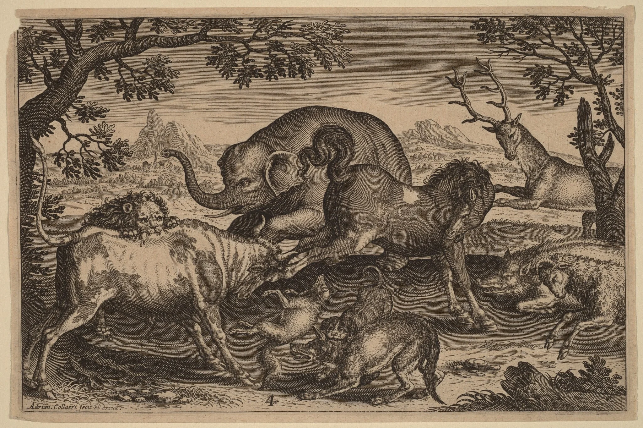 Lion, Bull, Fox, Wolf, Dog, Boar, Goat, Horse, Elephant and Deer, by Adriaen Collaert, ink, 1597