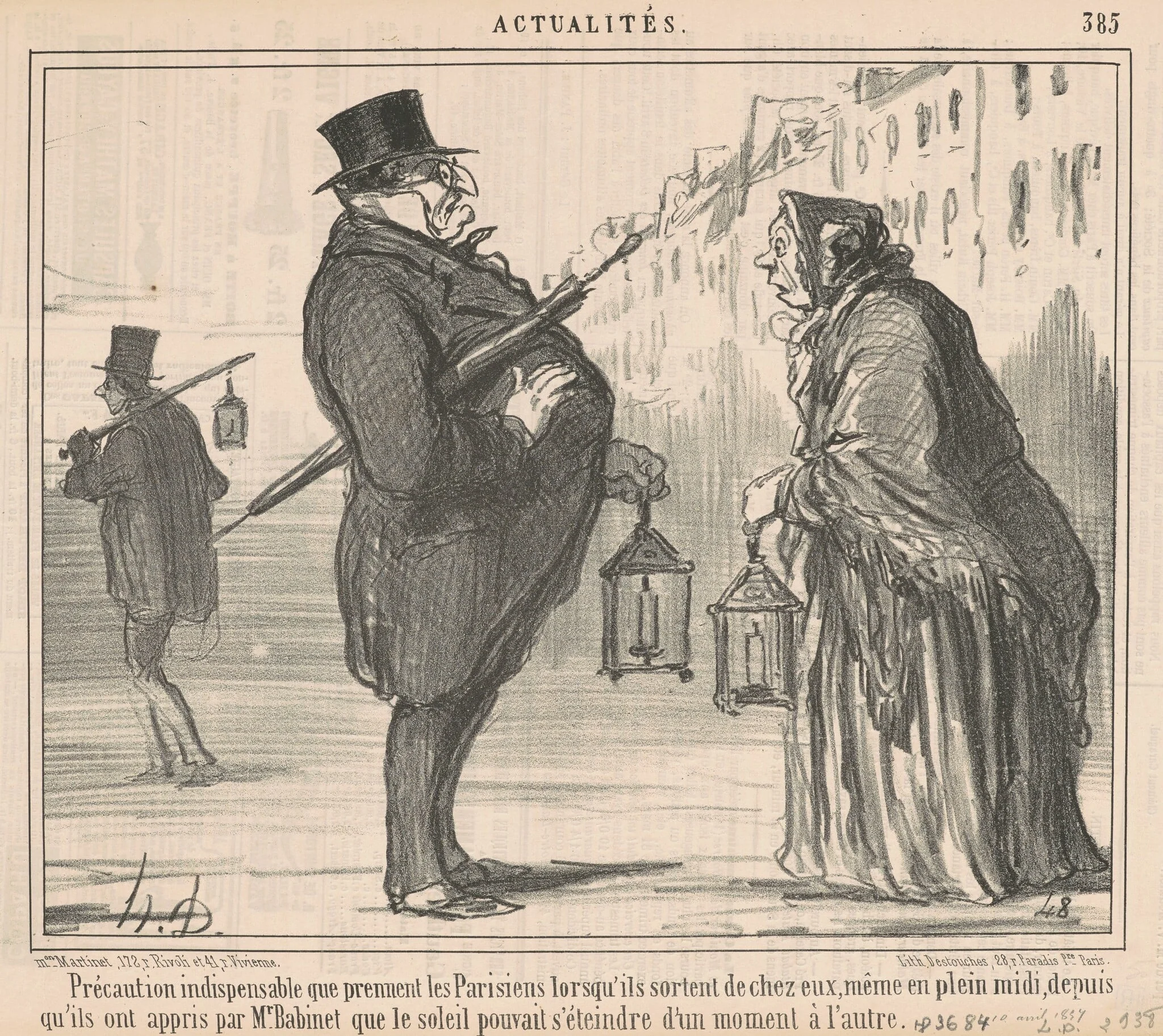 Précaution indispensable que prennent les Parisiens ..., by Honoré Daumier, ink, 1857