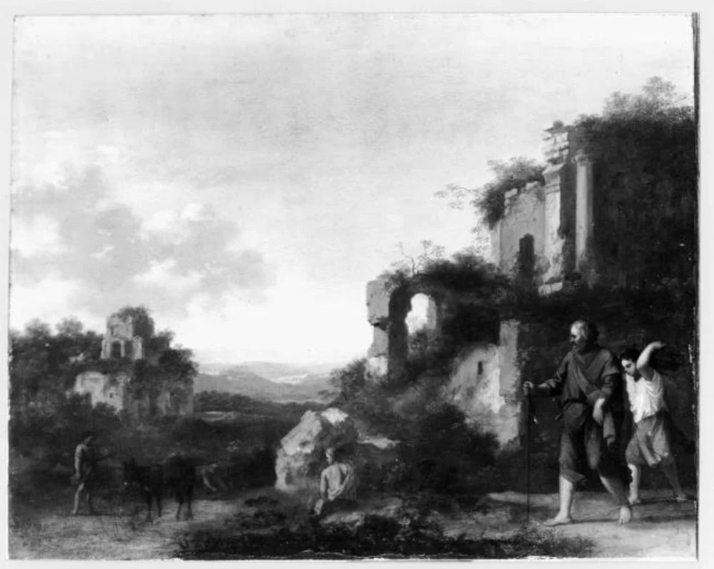Landscape, with Abraham and Isaac, by Cornelius van Poelenburgh, oil, 1646