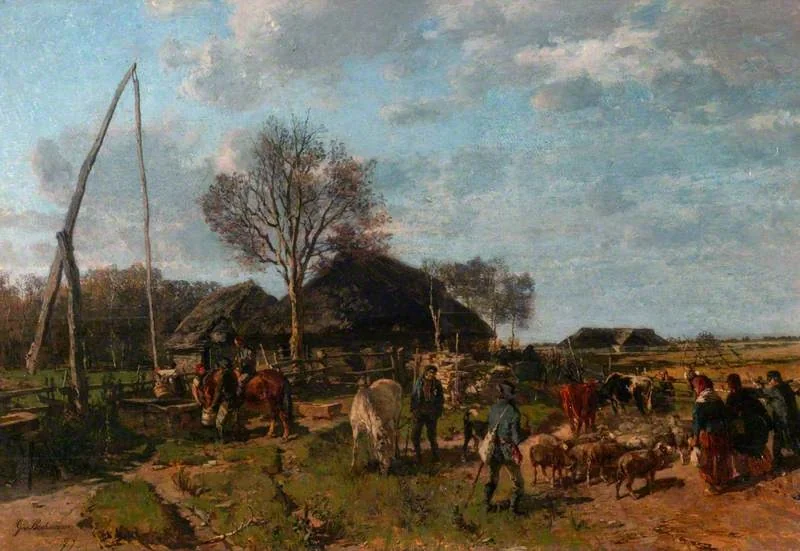 Farm Buildings with Figures, Sheep and Cattle, by Gregor von Bochmann, oil, 1890