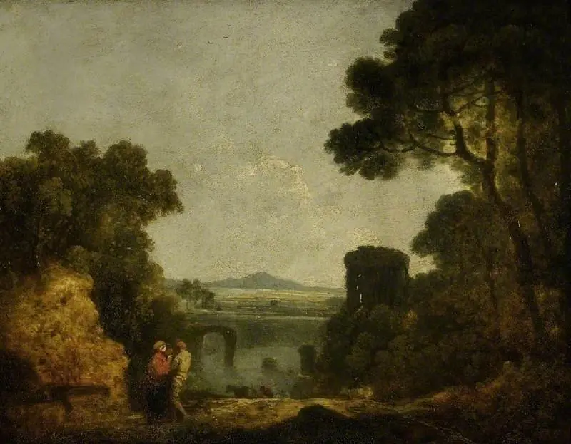 Italian river landscape with a broken bridge