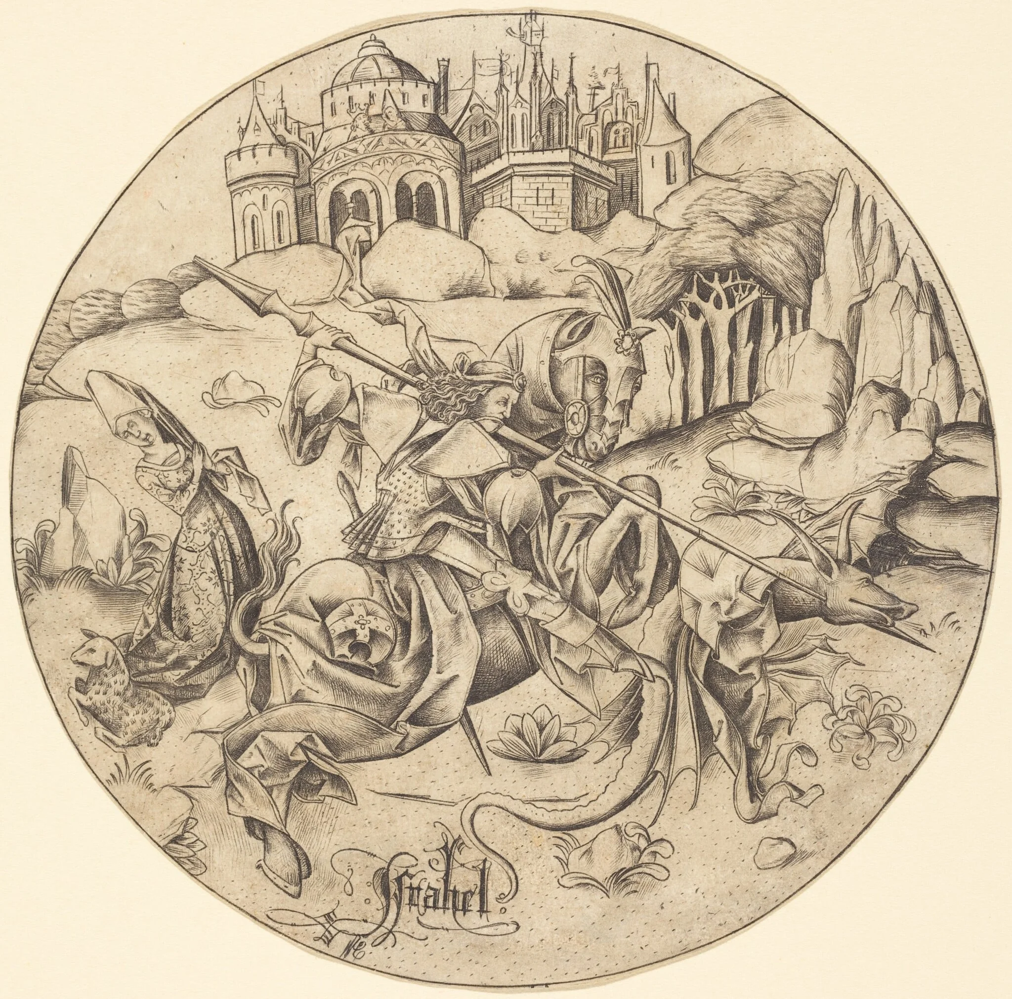 Saint George and the Dragon, by Israhel van Meckenem, ink, 1468