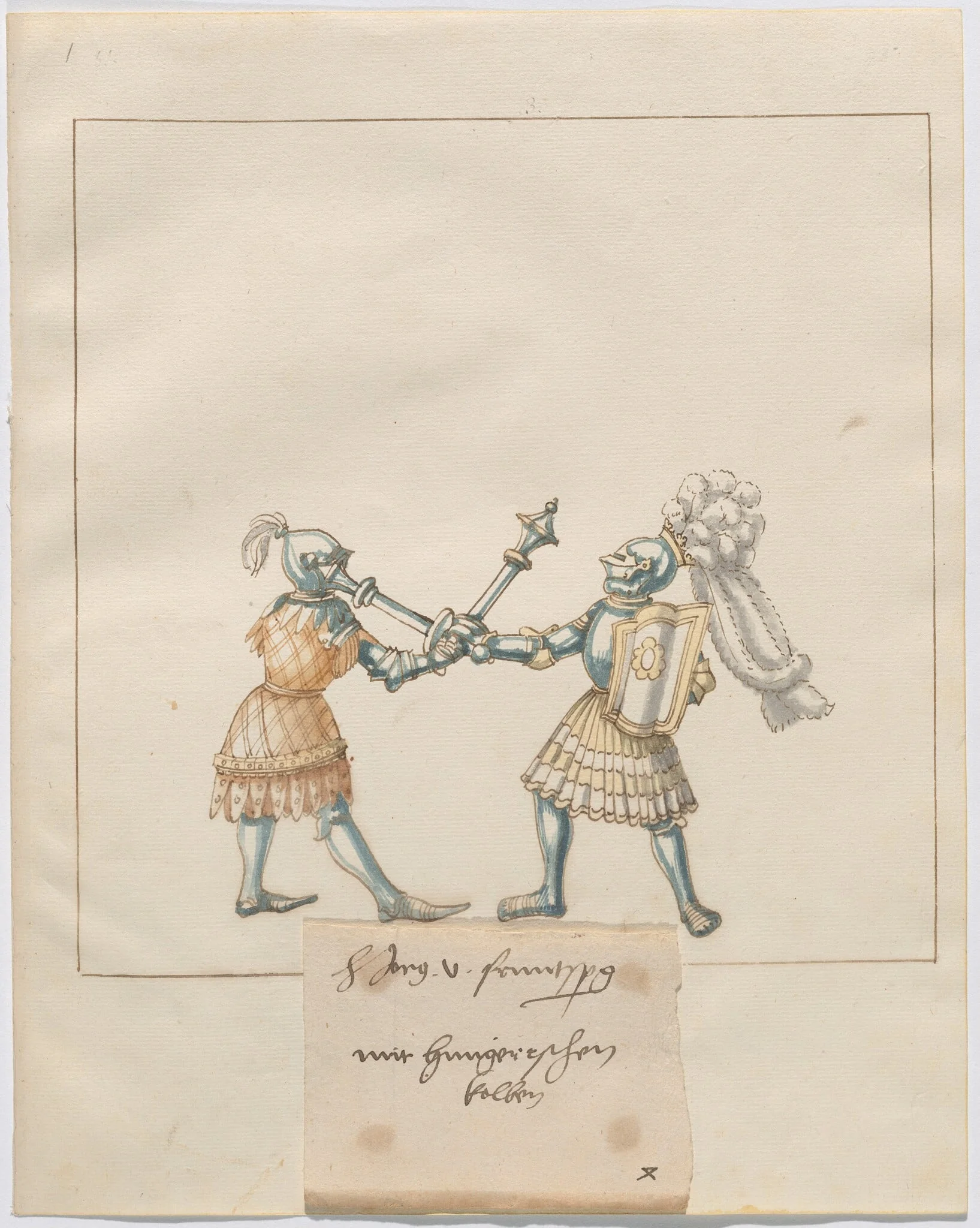 Foot Combat with Maces and Tartsche Shields, by German 16th Century, ink, 1514