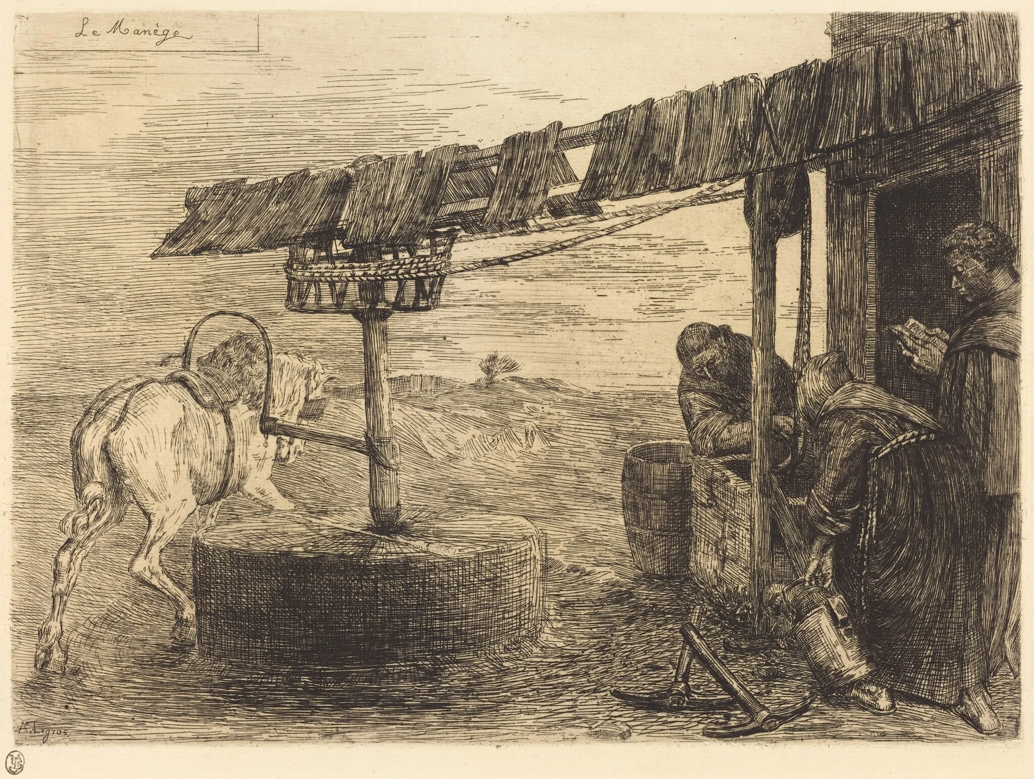 Horse-driven Mill (Le manege), by Alphonse Legros, ink, 1874