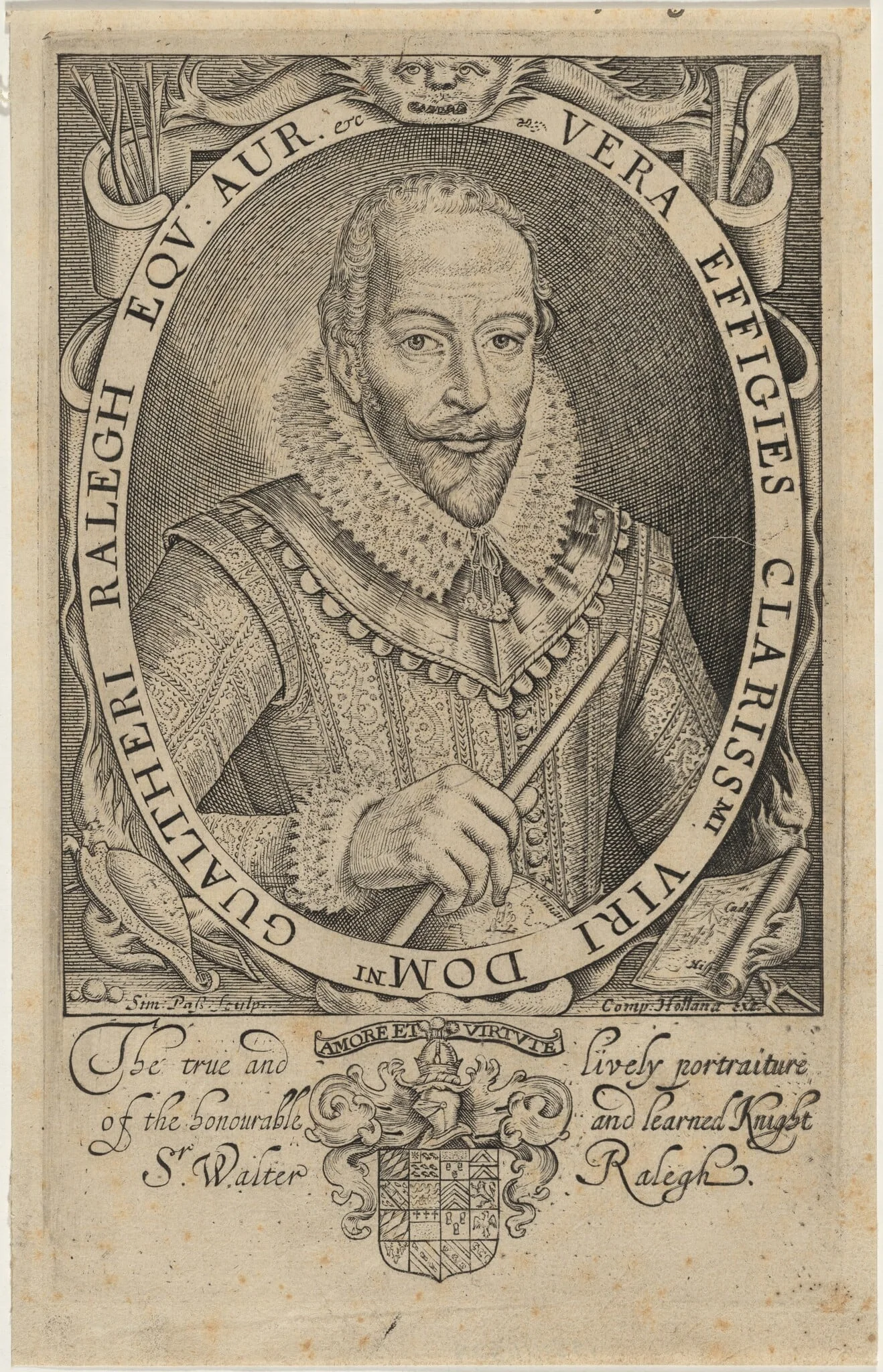 Sir Walter Raleigh, by Simon van de Passe, ink, 1628