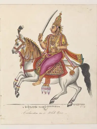 Kubera, the god of wealth and guardian of the north, riding on a horse