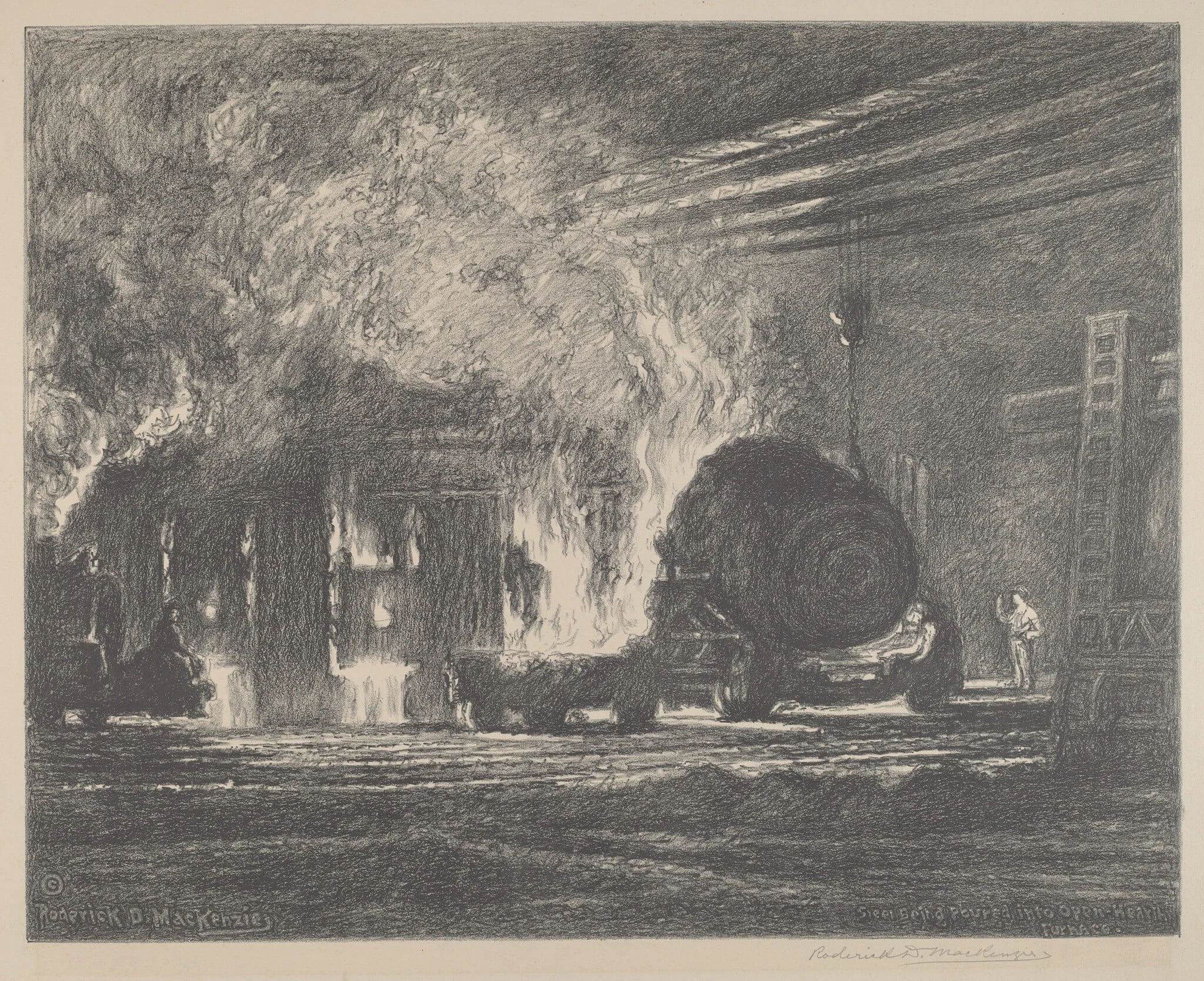Steel Being Poured Into Open Hearth Furnace, by Roderick D. MacKenzie, ink, 1922