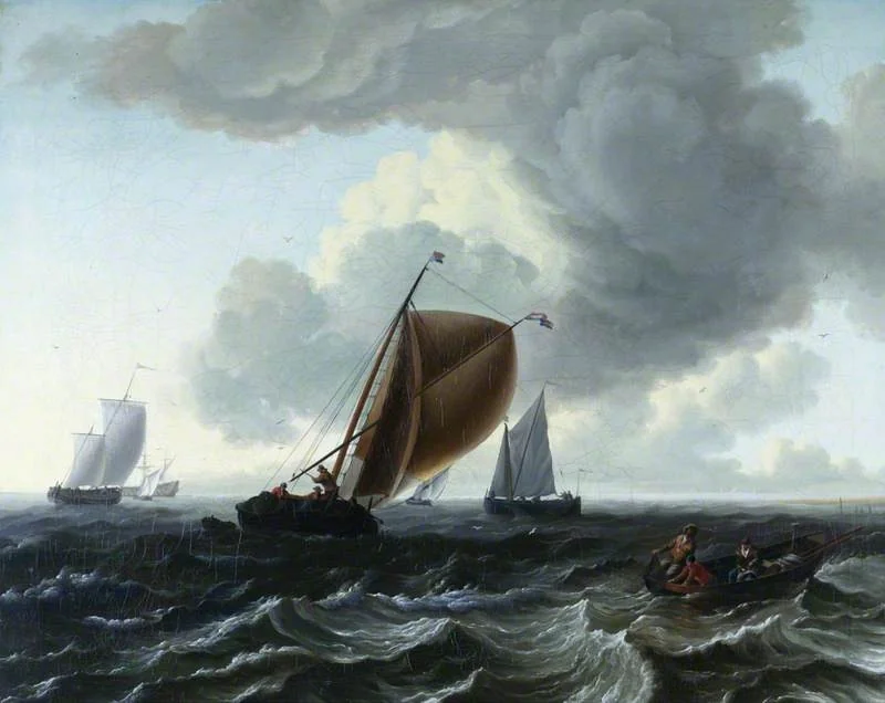 Fishing Boats: A Roughish Sea, by Ludolf Bakhuizen, oil, 1679