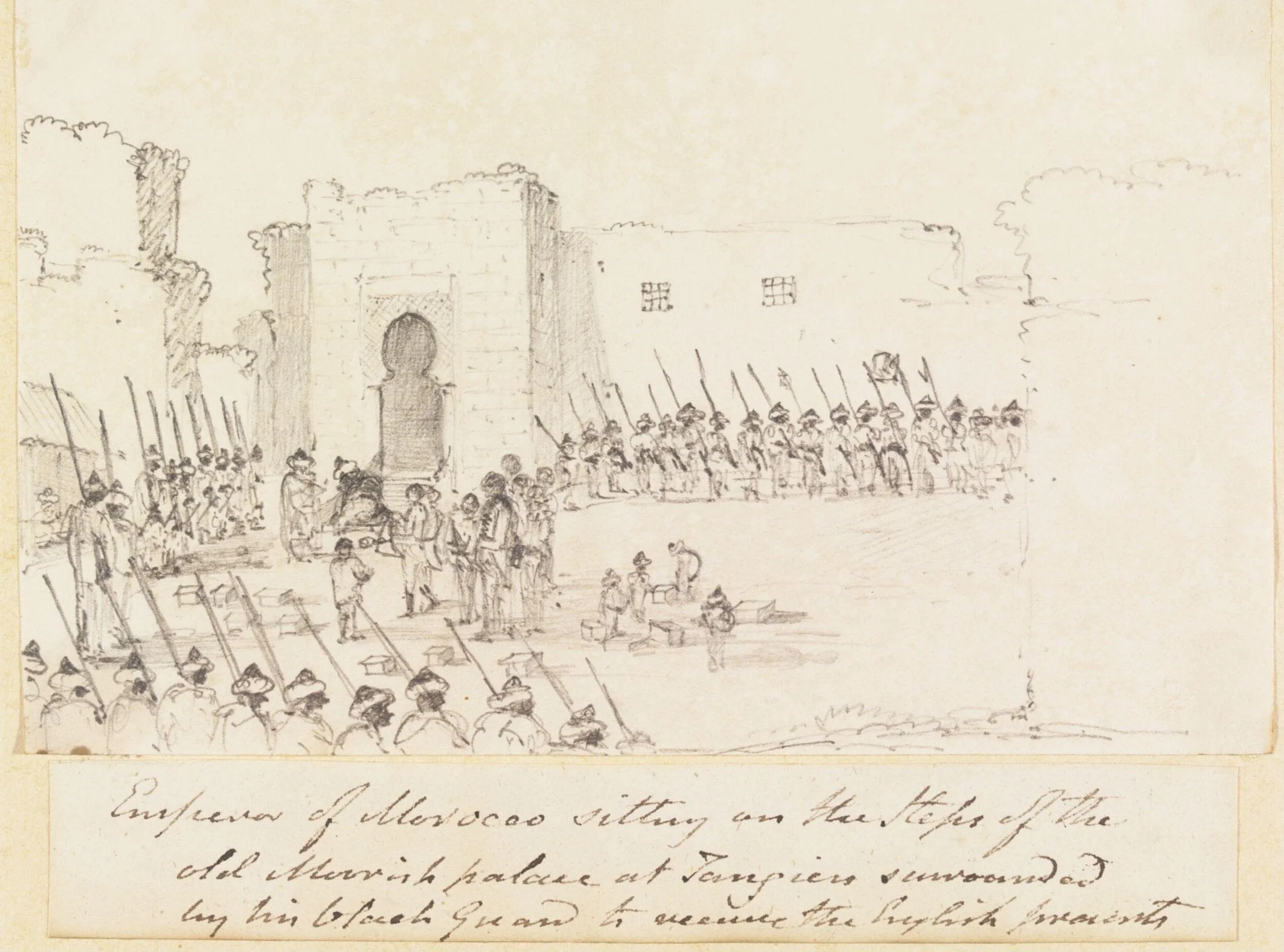 Emperor of Morocco sitting on the Steps of the old Moorish palace at Tangiers surrounded by his black Guard to receive the English presents, by Unknown, 1814