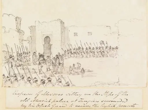 Emperor of Morocco sitting on the Steps of the old Moorish palace at Tangiers surrounded by his black Guard to receive the English presents