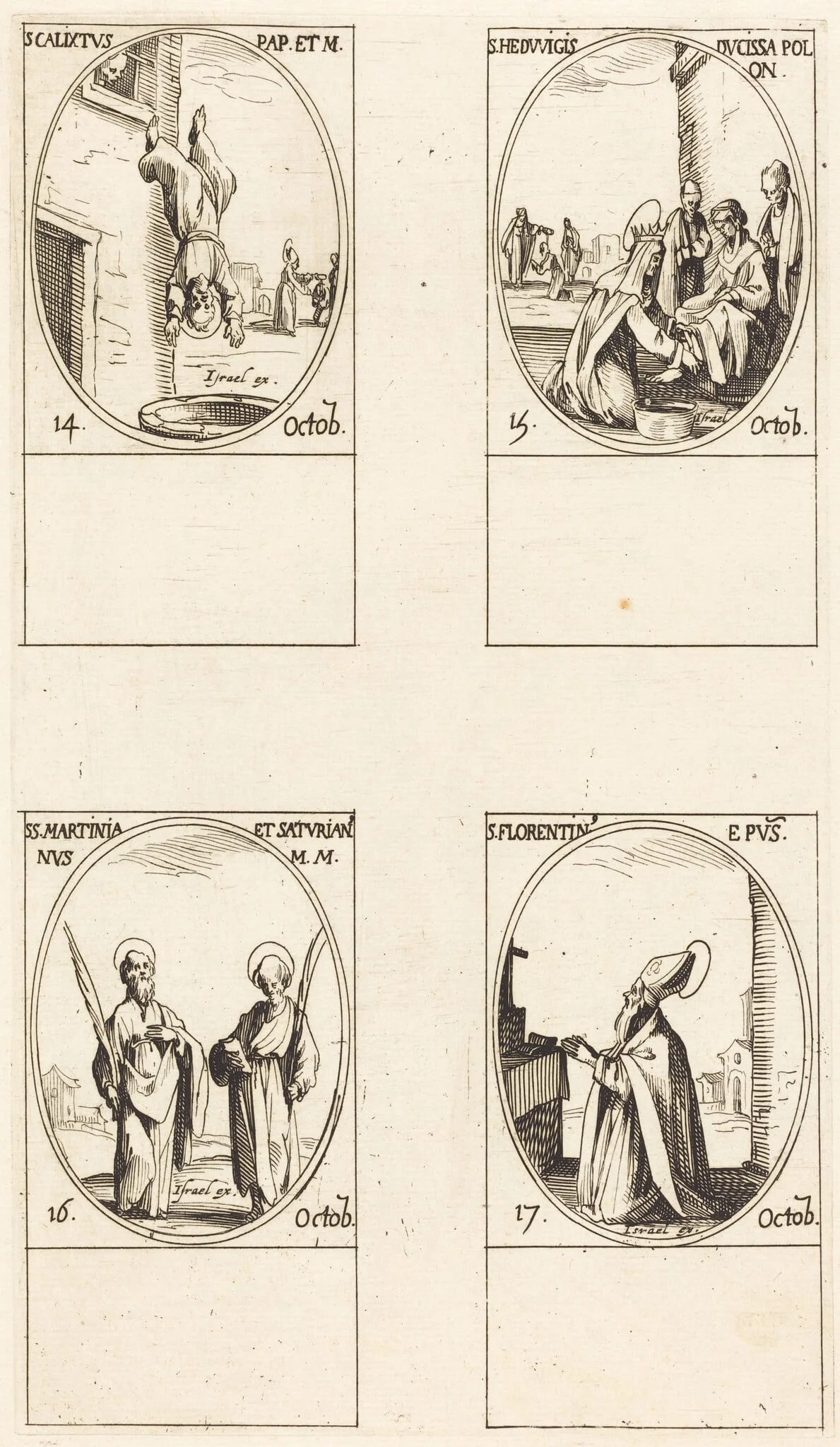 St. Calixtus; St. Hedwiges; Sts. Martinian and Saturian; St. Florentinus, by Jacques Callot, ink, 1634