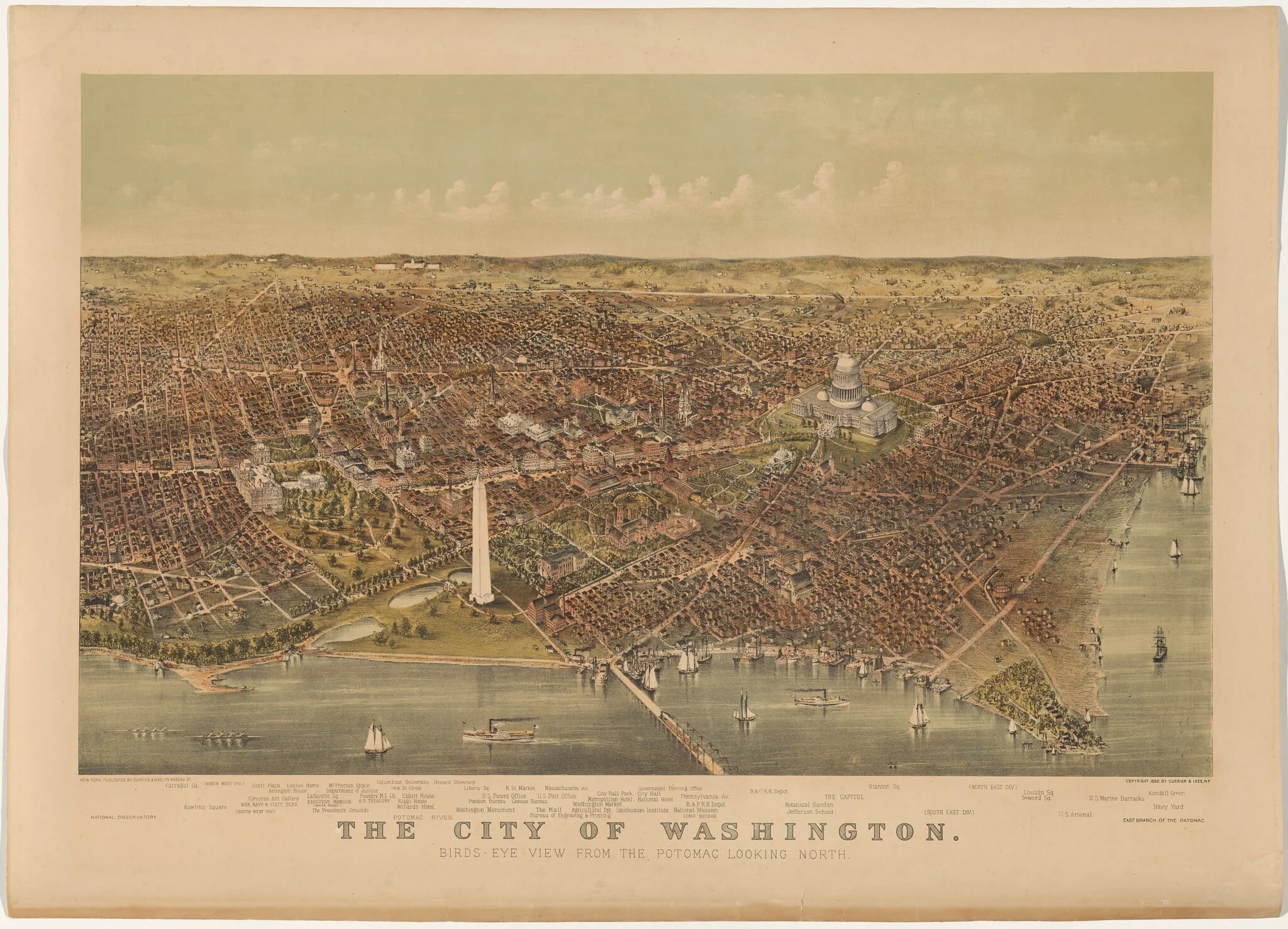 The City of Washington: Bird's-Eye View from the Potomac—Looking North, by Currier and Ives, ink, 1892
