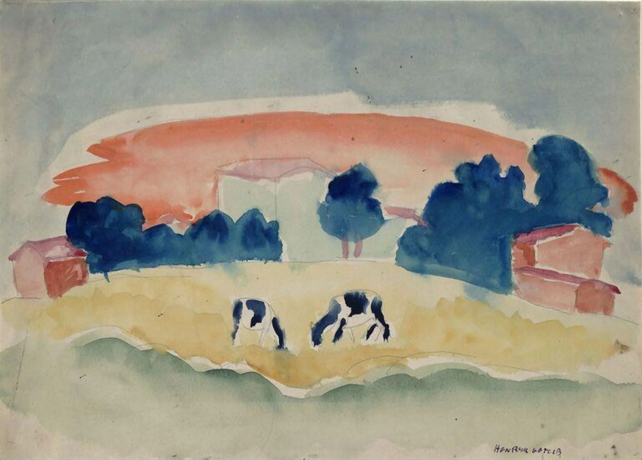Cows in a Field, by Henryk Gotlib, watercolor, 1930
