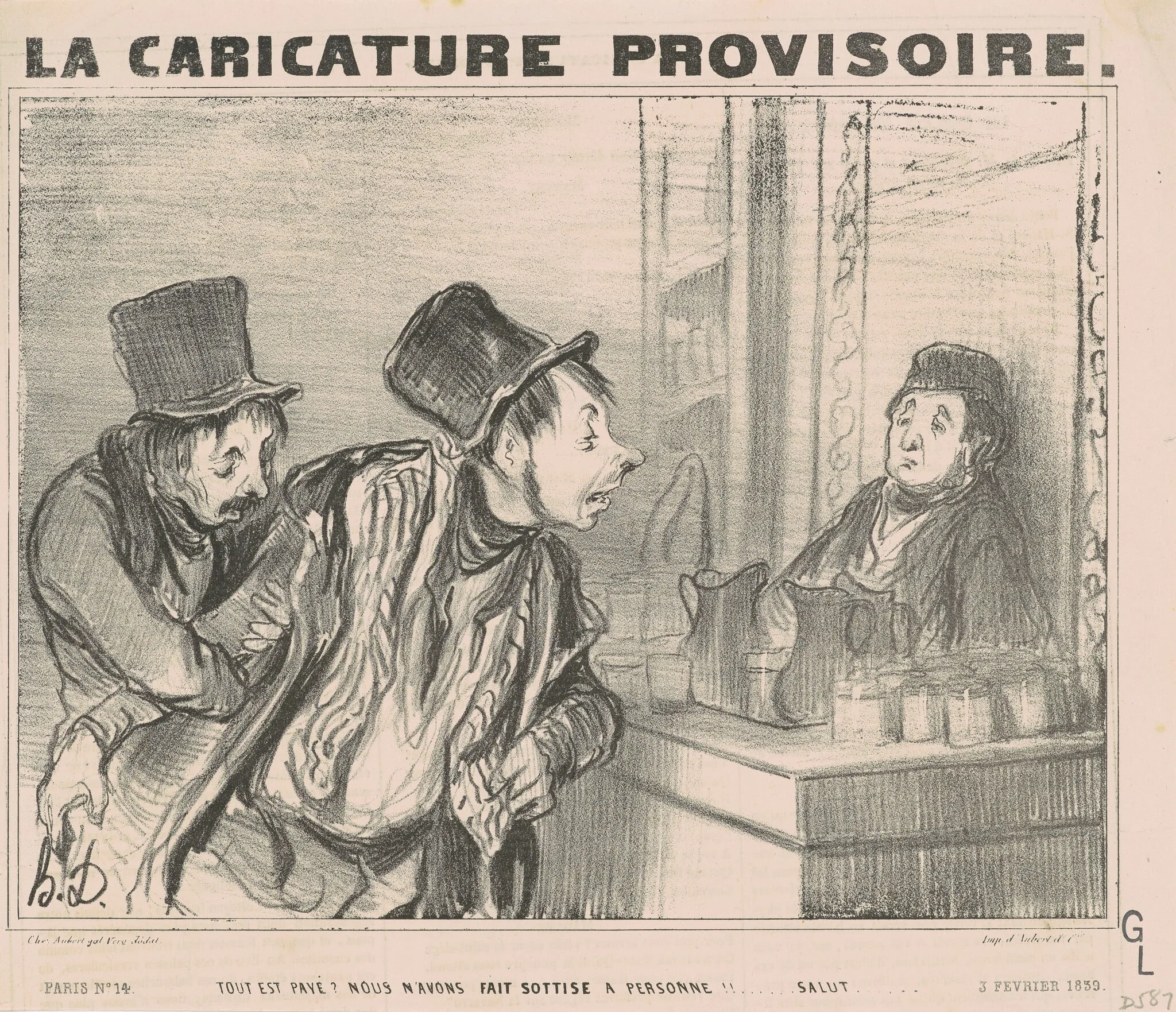 Tout est payé? Nous n'avons fait...salut, by Honoré Daumier, ink, 1839