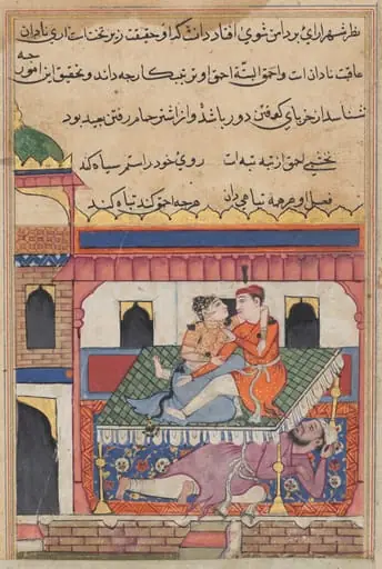 Shahr-Arai and her lover dallying on a bed beneath which is concealed her husband, from a Tuti-nama (Tales of a Parrot): Fortieth Night