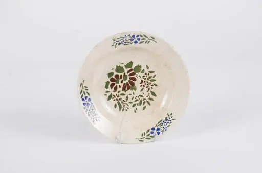 Farfuria este de formă tronconică, fiind smălțuită integral. Prezintă un decor floral-vegetal dispus pe fundul și pe buza vasului. Cromatică: fond alb; motive: verde; maro; albastru.