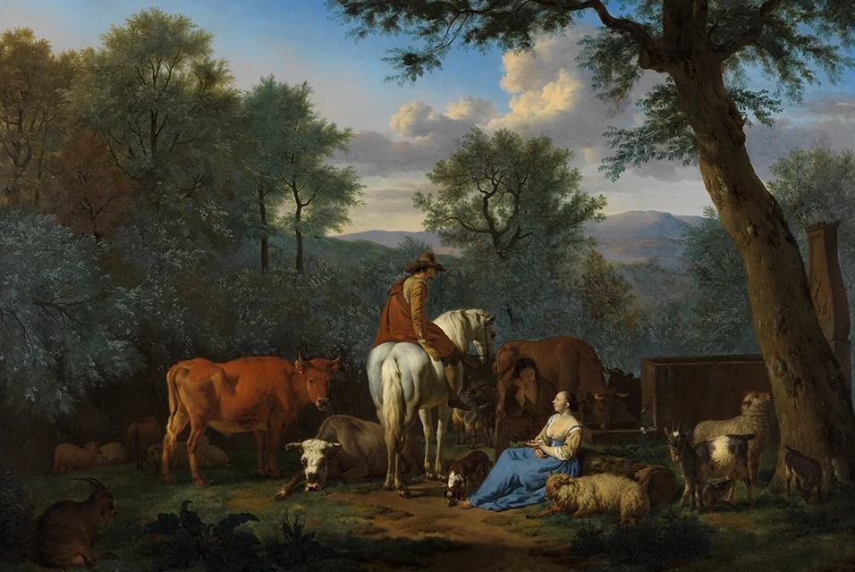 Landscape with cattle and figures, by Adriaen van de Velde, oil, 1664