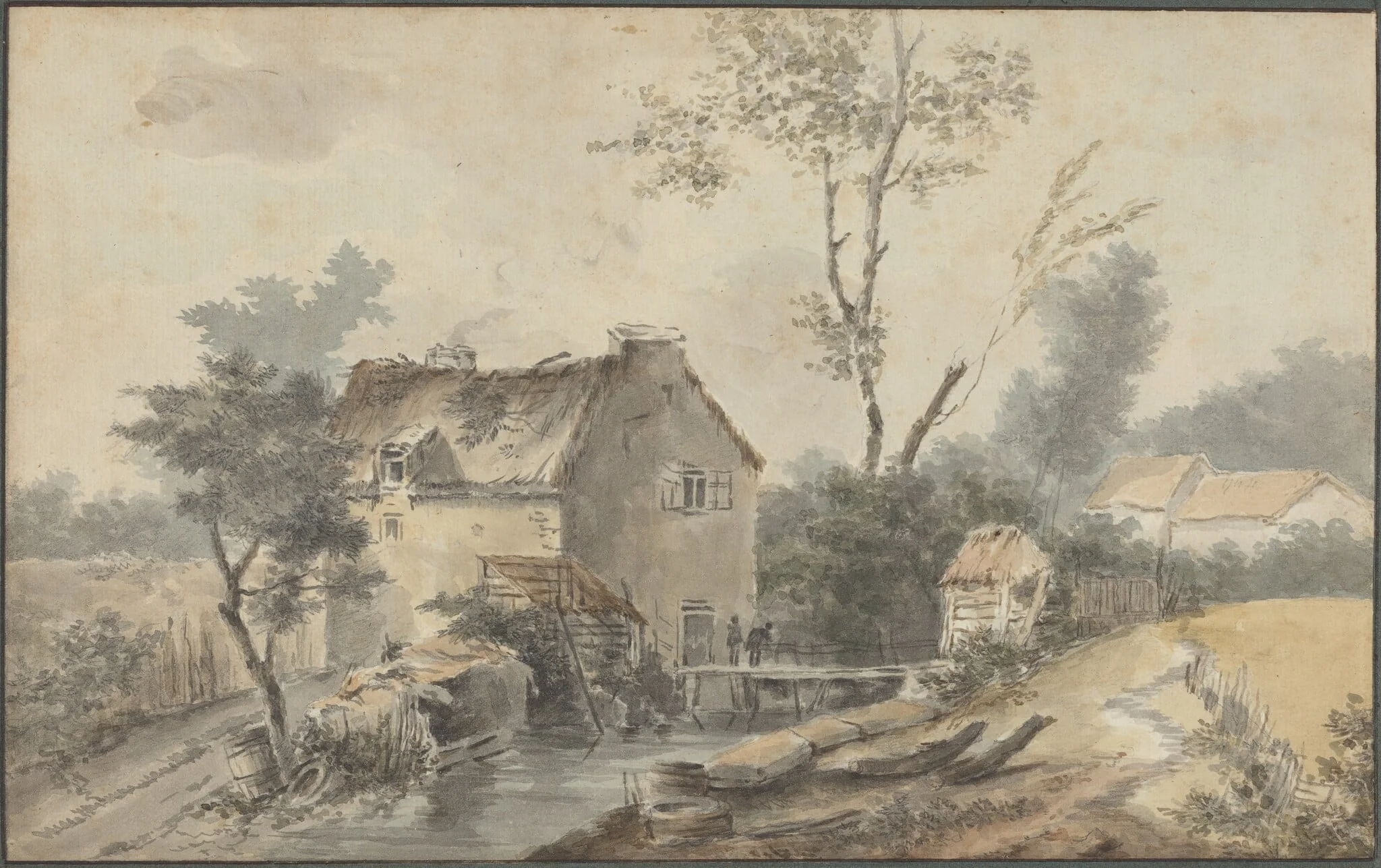 Mill with Bridge and Figures, by Louis Gabriel Moreau the Elder, graphite, 1773