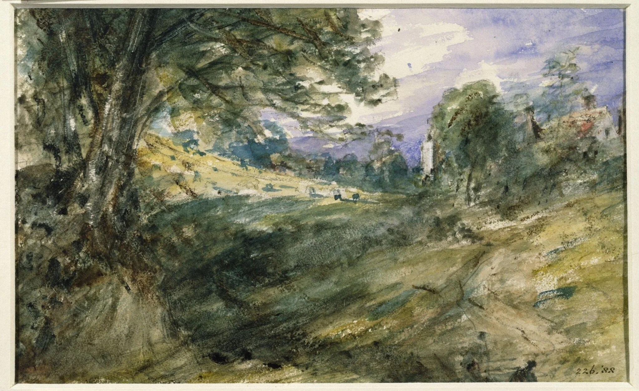 Cottages on high ground., by John Constable, watercolor, 1834