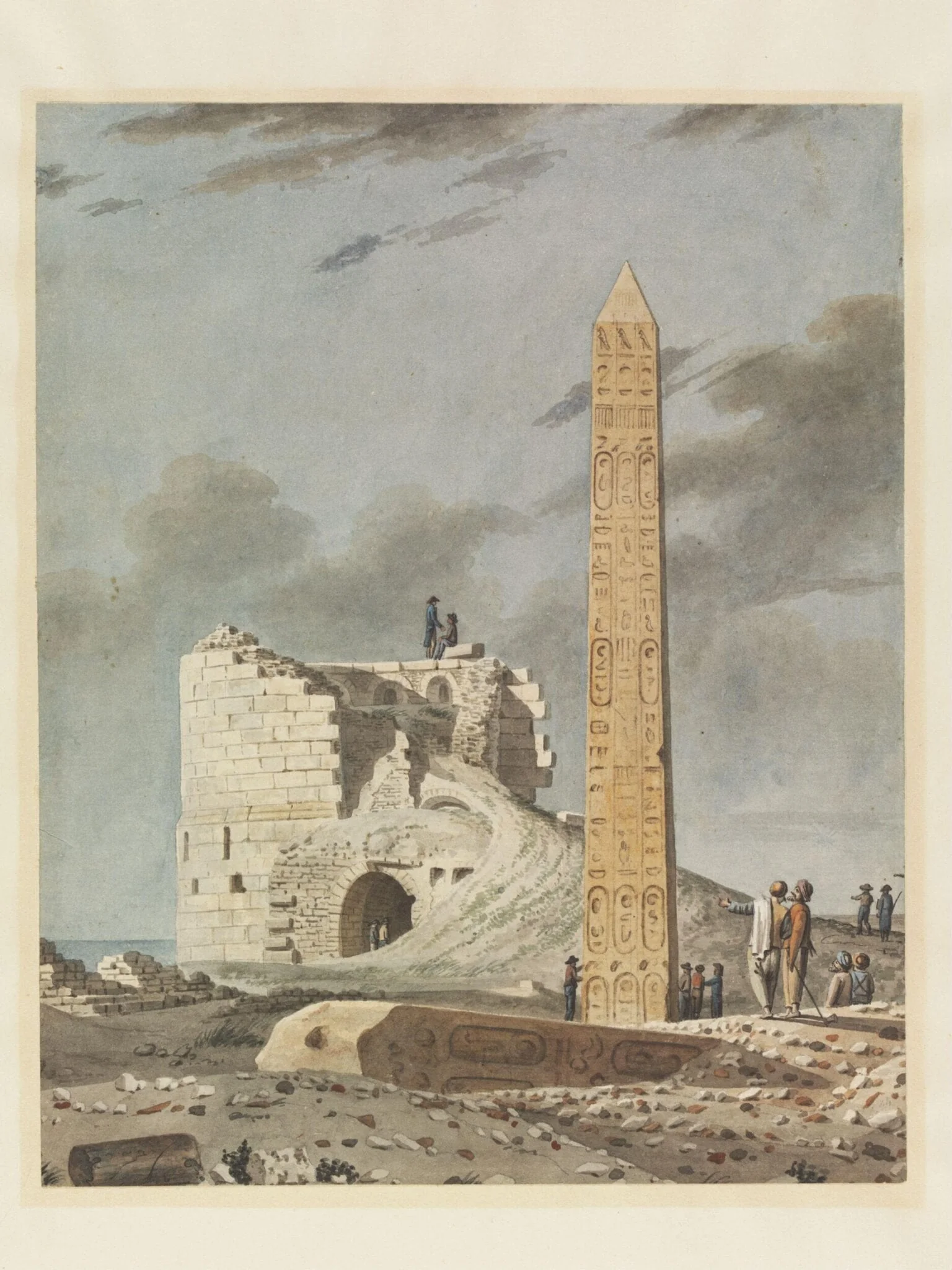Vue de Obélisque dite de Cléopatre à Alexandrie, by Dominique Vivant Denon, watercolor, 1798
