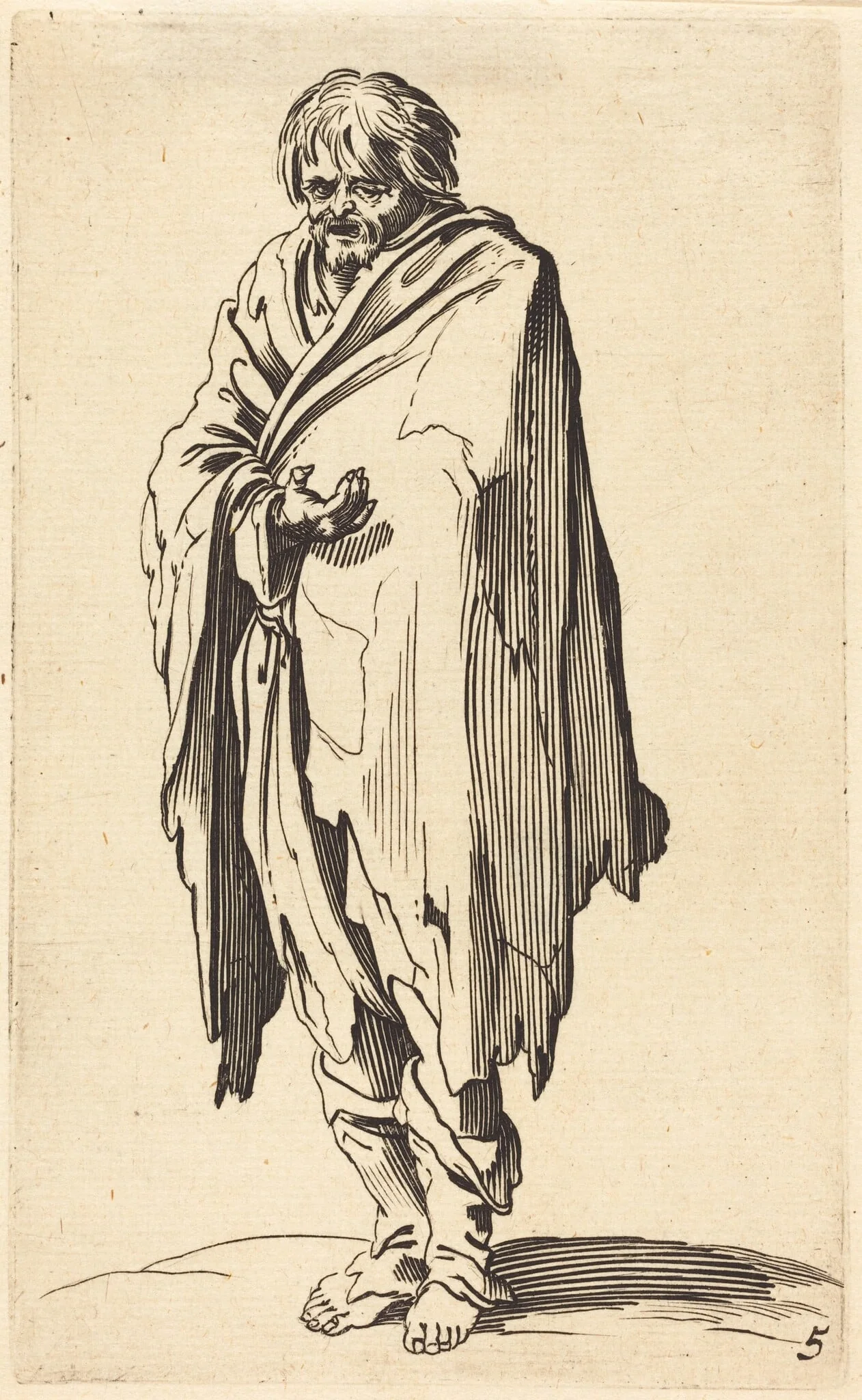 Beggar with Bare Head and Feet, by French 17th Century, ink, 1622