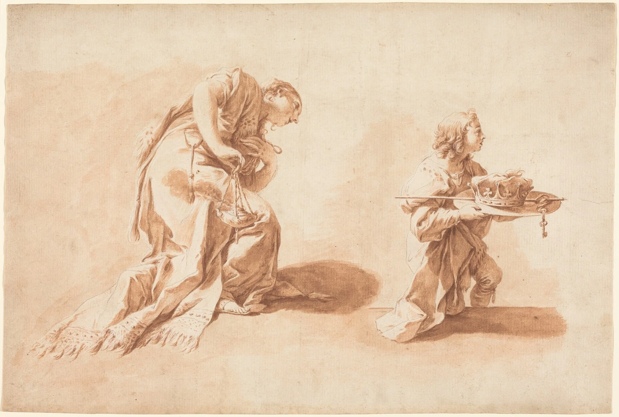 A Kneeling Woman with an Incense Burner and a Page Holding a Crown and Scepter, by Anton Kern, chalk, 1726