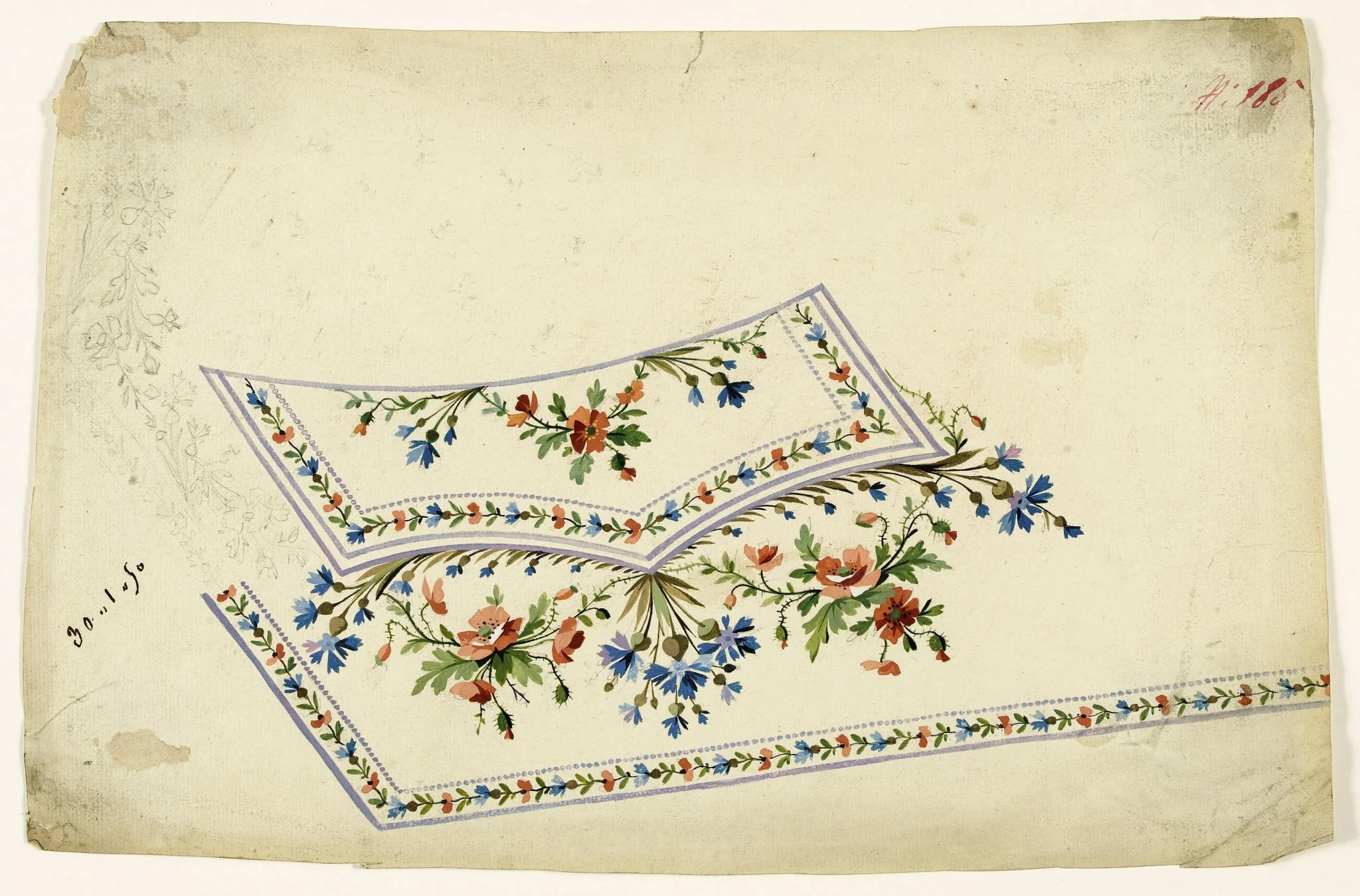Composition florale de coquelicots et fleurs sauvages bleues, guirlandes de fleurs et frises de perles mauves, projets de broderies de gilet, XVIIIème siècle