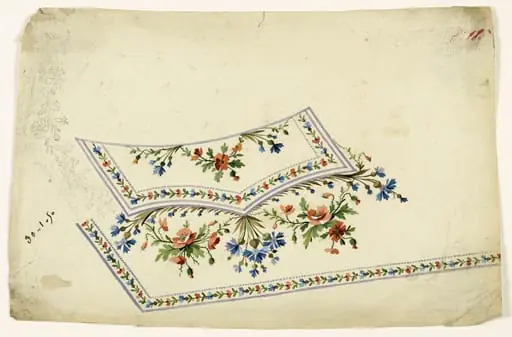 Composition florale de coquelicots et fleurs sauvages bleues, guirlandes de fleurs et frises de perles mauves, projets de broderies de gilet, XVIIIème siècle