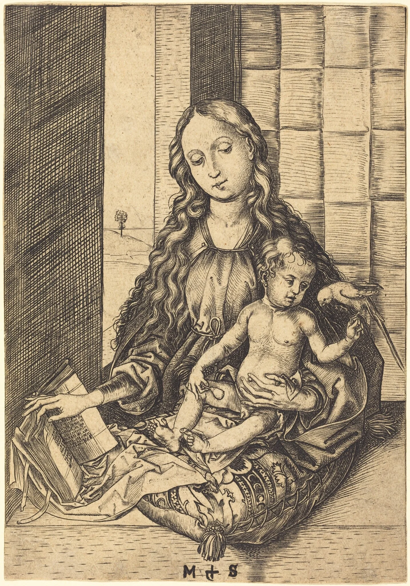 Madonna with a Parrot, by Martin Schongauer, ink, 1472