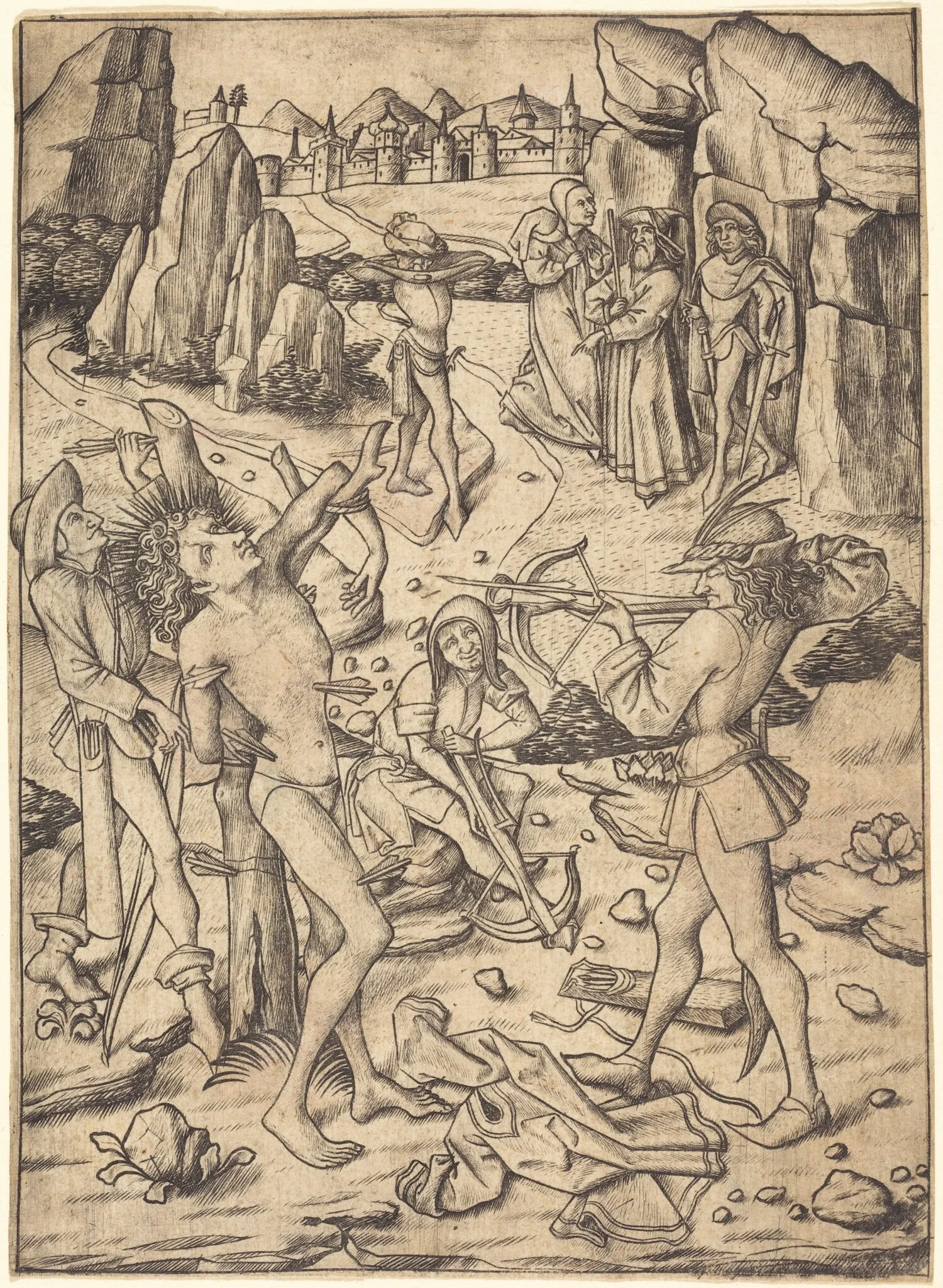 Martyrdom of Saint Sebastian, by Master E.S., ink, 1455