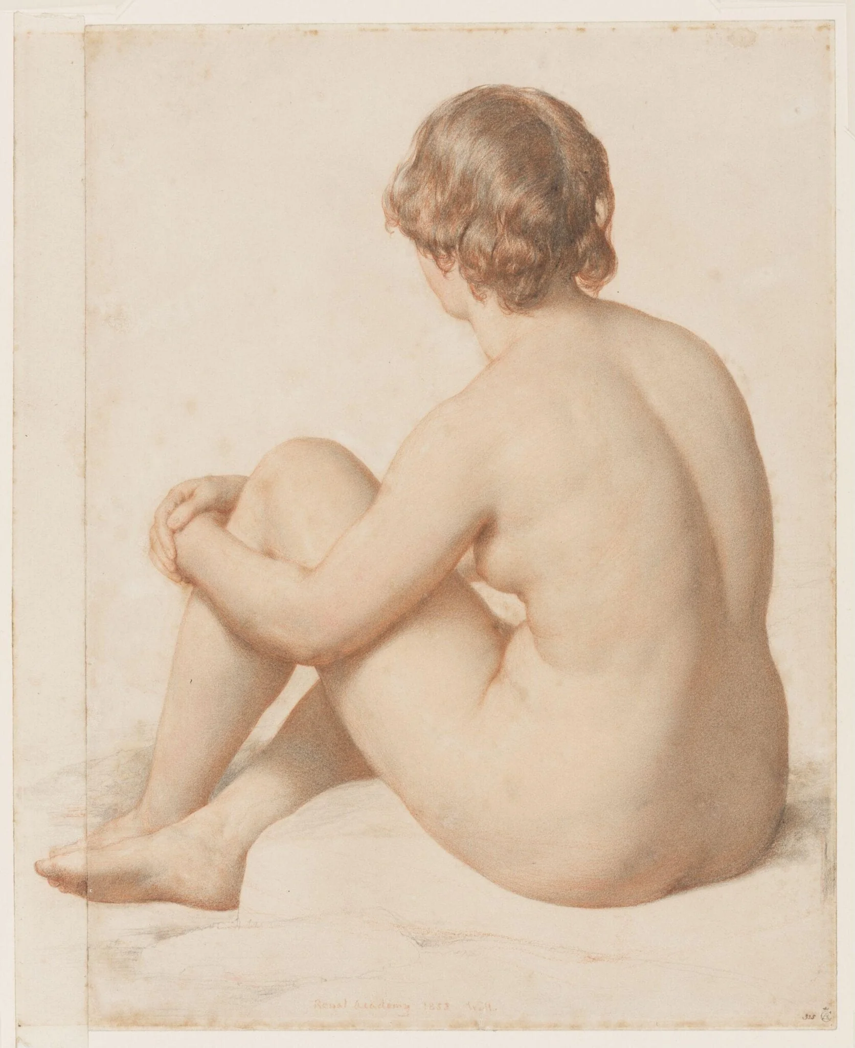 Female nude, seated, three-quarter view from back, by William Mulready, 1853