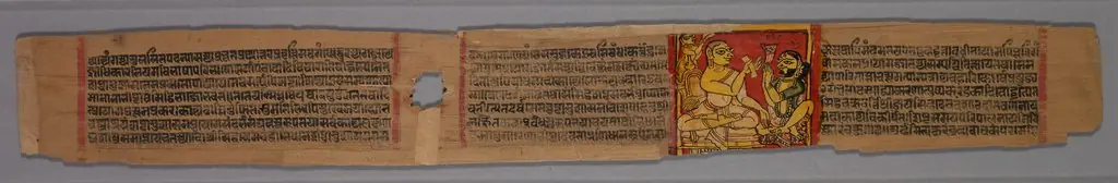 Leaf from a Jain Manuscript: page from a Great Poem about Twos (Dvyashraya Mahakavya) of Hemachandra, with commentary by Abhayatilaka: Monk in the Gift-giving Gesture before a Layman (verso)
